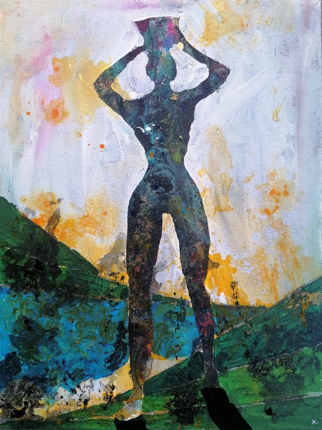 A black figure in front of explosive colour melange - a painting by Deanio x