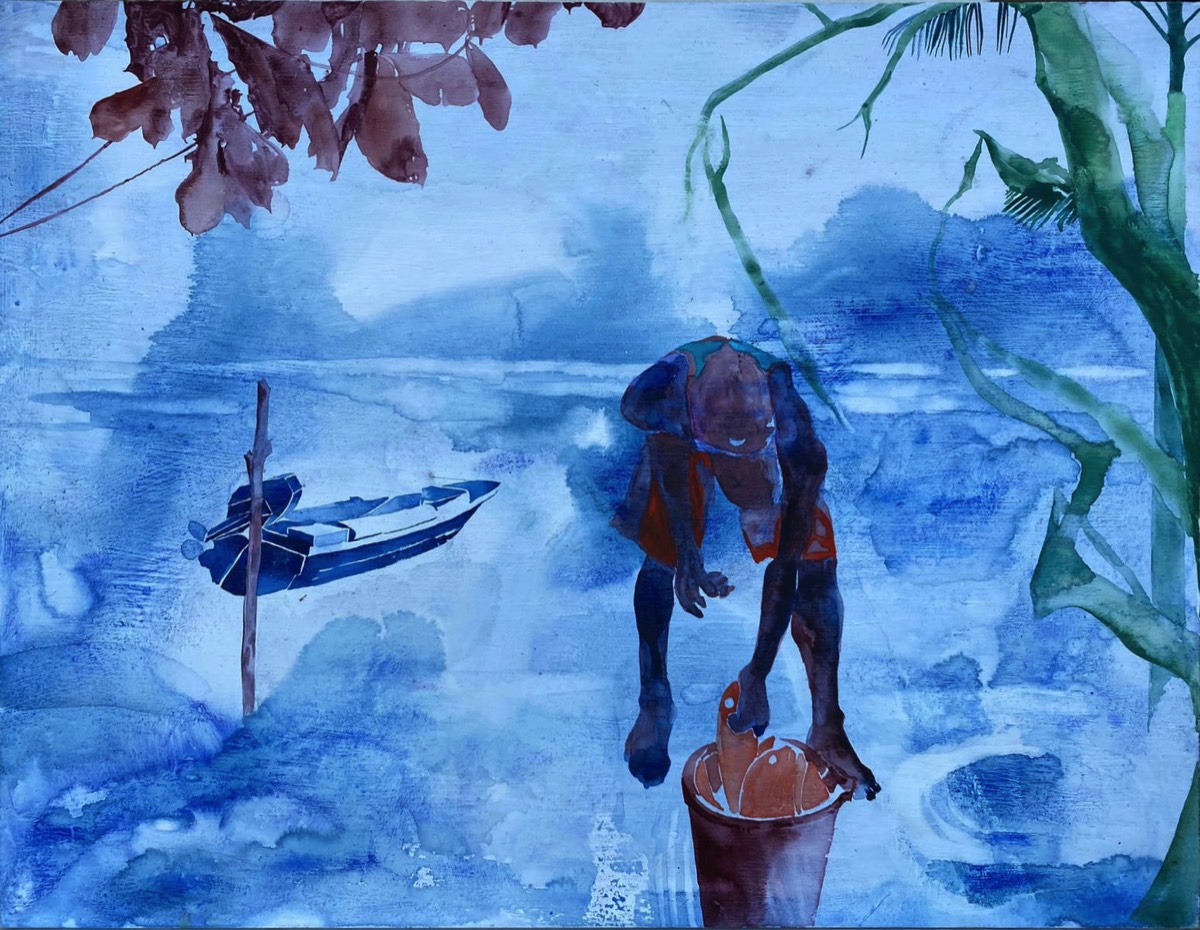 Blue painting with a fisher man, boat and nature - work by Kitty Rice at Hanover Grange