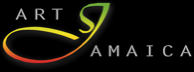 Black logo for Art Jamaica with rainbow lettering