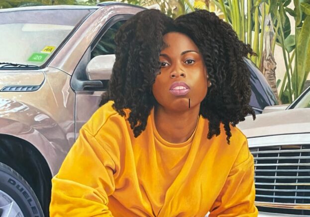 A young black girl in front of parking cars - painting to showcase works by female Jamaican artists